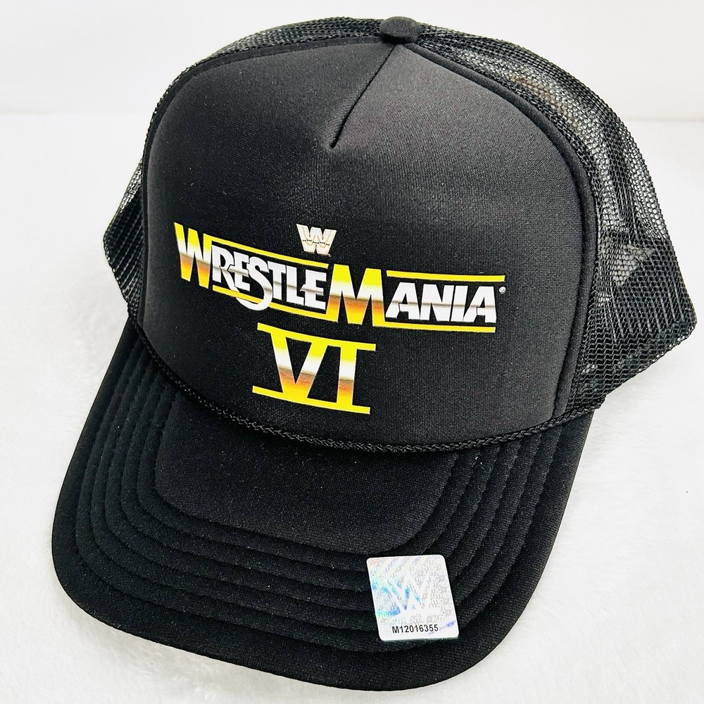 WWE WrestleMania 6 Logo Trucker Hat Cap Adjustable Snapback Wrestling Black